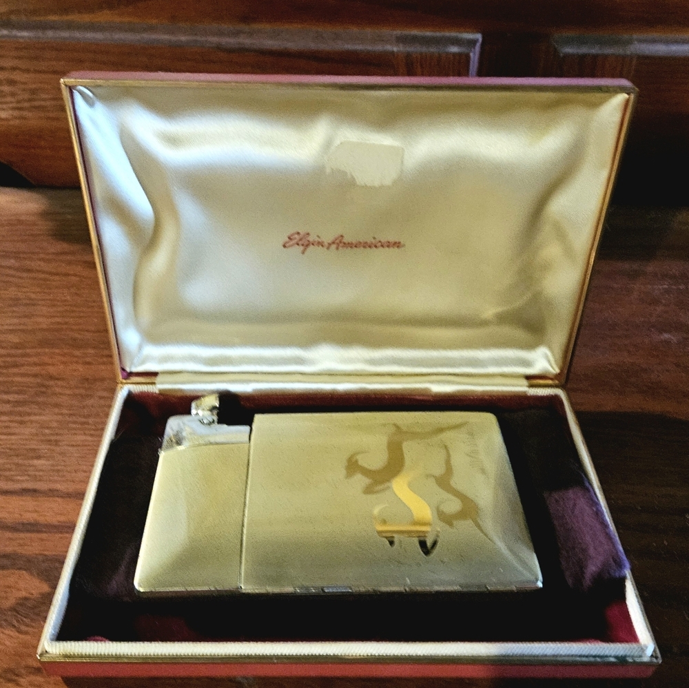 Vintage Elgin American Lite-O-Matic Gold Lighter and Case Set